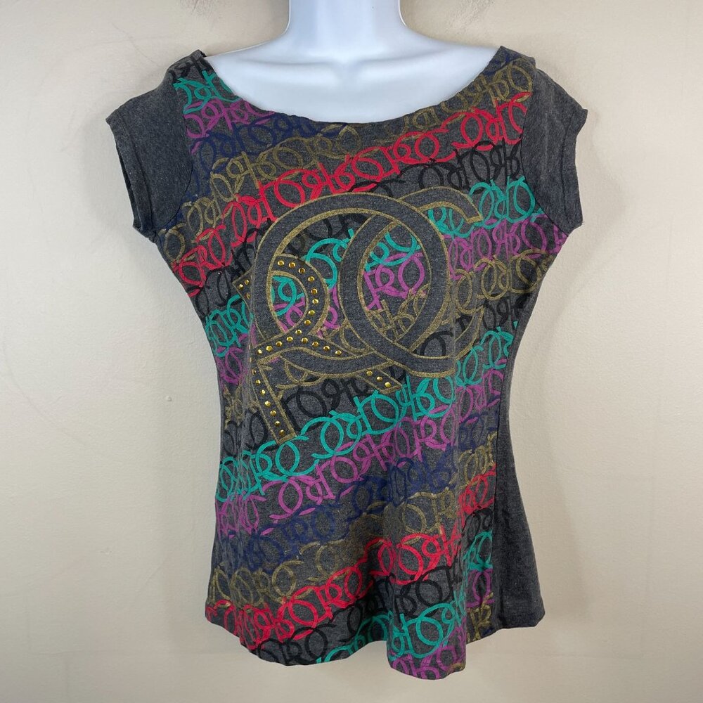 Vintage Y2K Rocawear Studded Rave Rock Concert Top Womens L Logo Raw Neckline
